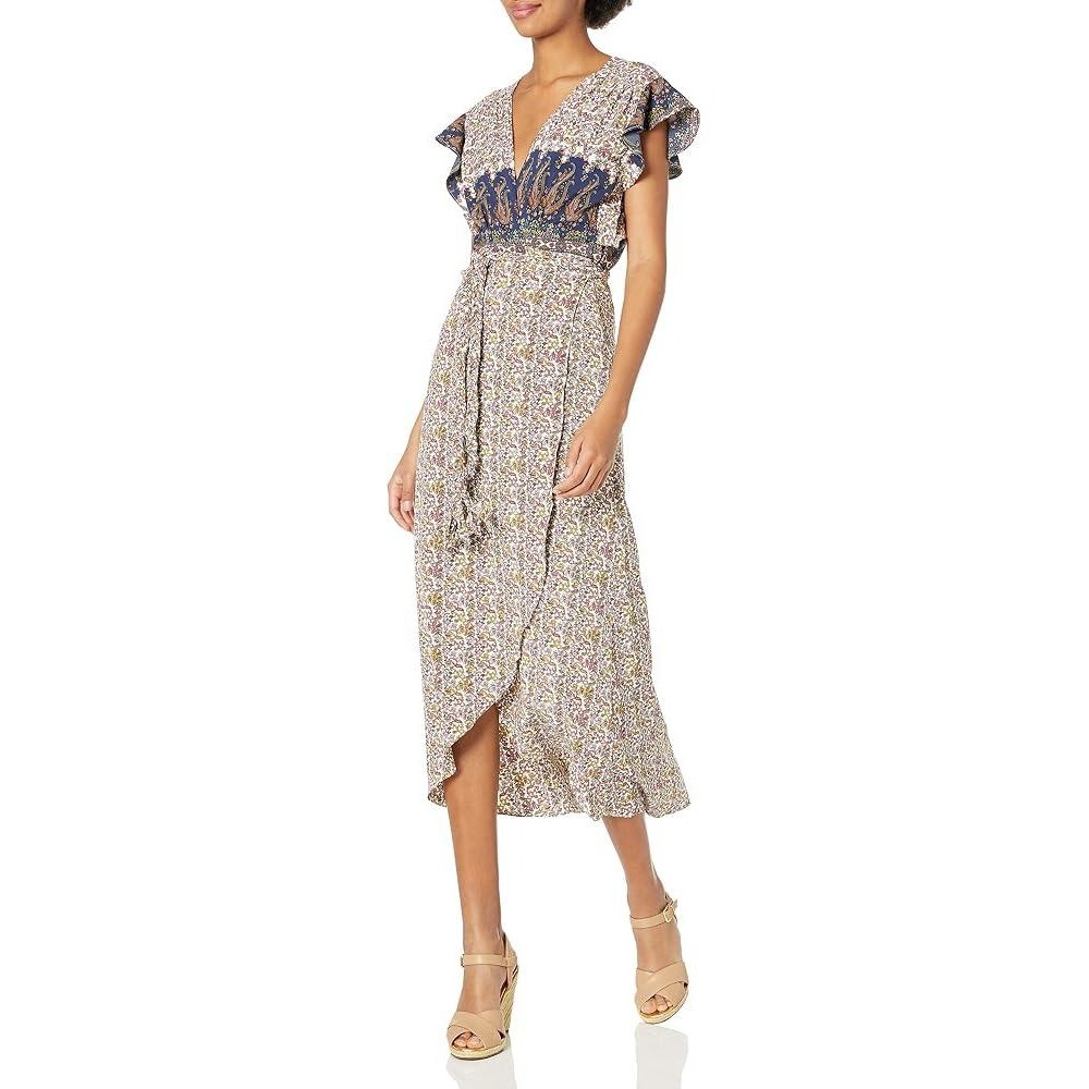 MISA‎ Los Angeles Carolina Floral Paisley Wrap Midi Dress Flutter Sleeve- XS